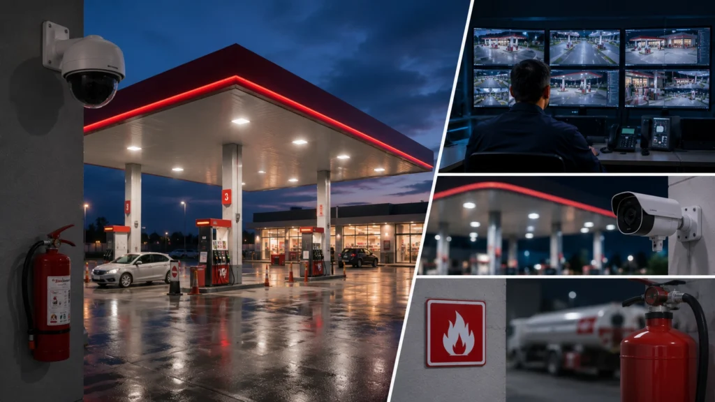 Akaryakıt istasyonu dolum pompaları ve market girişinde yüksek çözünürlüklü plaka tanıma özellikli dış ortam IP güvenlik kamerası.