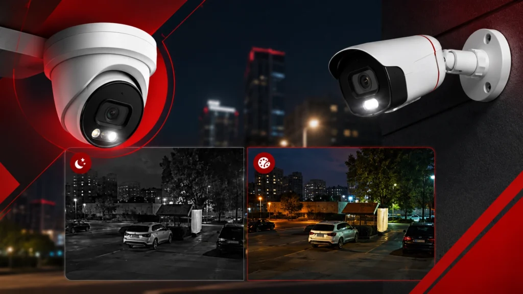 Gece karanlığında ColorVu ve FullColor teknolojisiyle renkli ve net görüntü sunan dış mekan güvenlik kamerası.