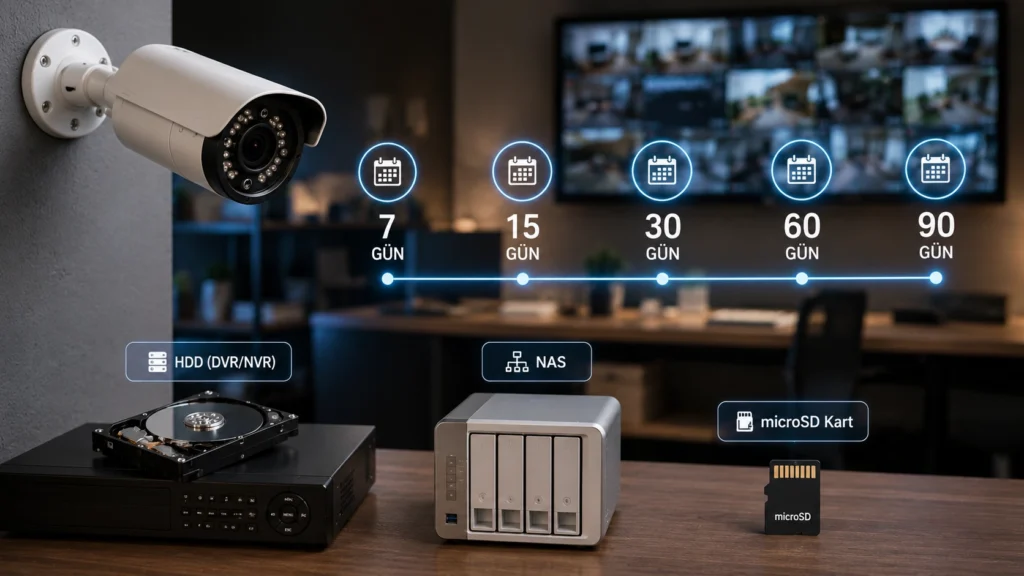 Güvenlik kameraları için yüksek yazma hızlı gözetim sınıfı (surveillance) sabit disk (HDD) ve depolama süresi hesaplama tablosu.