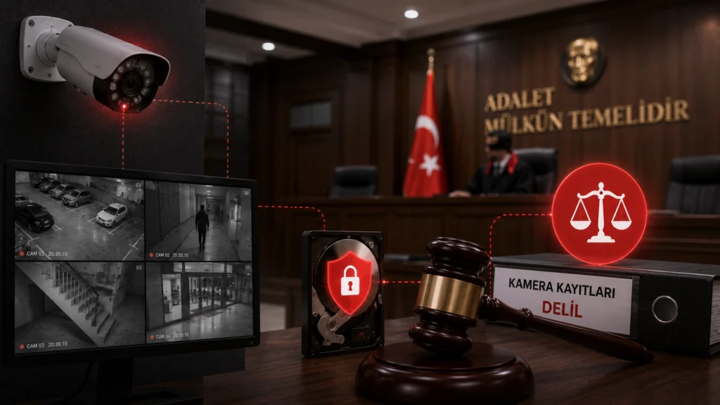 Mahkemede yasal delil niteliği taşıyan güvenlik kamerası kayıtları ve hukuki inceleme süreci.