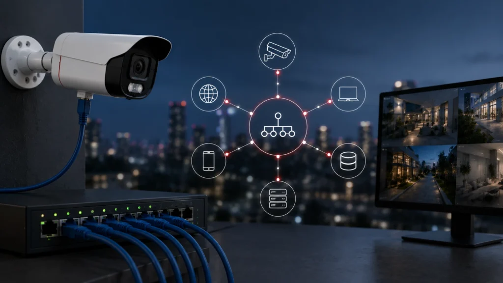 IP kamera sistemleri için yüksek hızlı veri transferi sağlayan profesyonel ağ (network) kablolama ve switch altyapısı kurulumu.