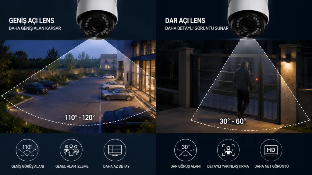 Güvenlik kamerasında milimetre değerlerine göre dar açı ve geniş açı odak uzaklığı farkını gösteren lens karşılaştırması.