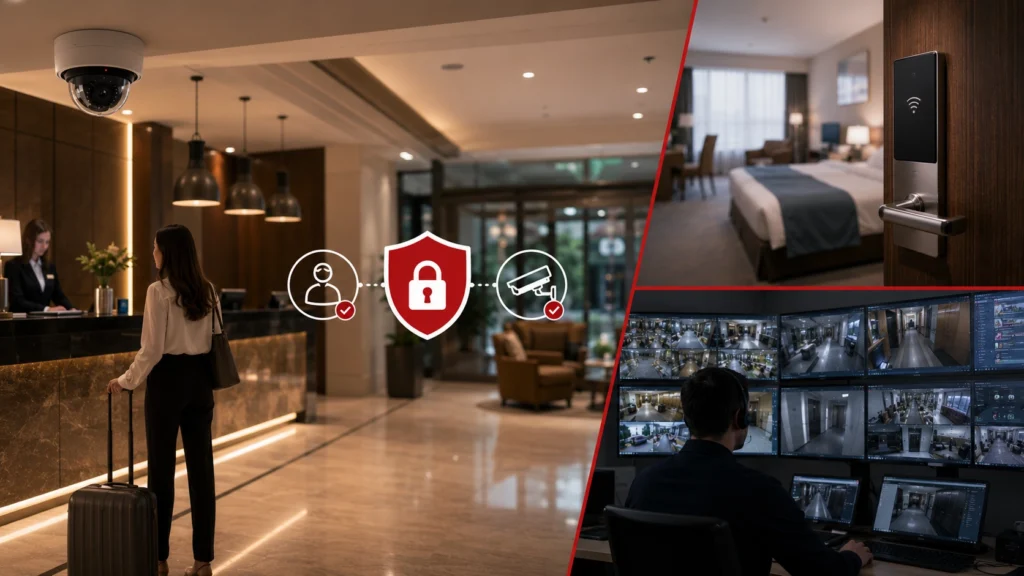 Otel lobisi ve koridorlarında kişisel verilerin korunması kanununa uygun şekilde konumlandırılmış modern güvenlik kameraları.