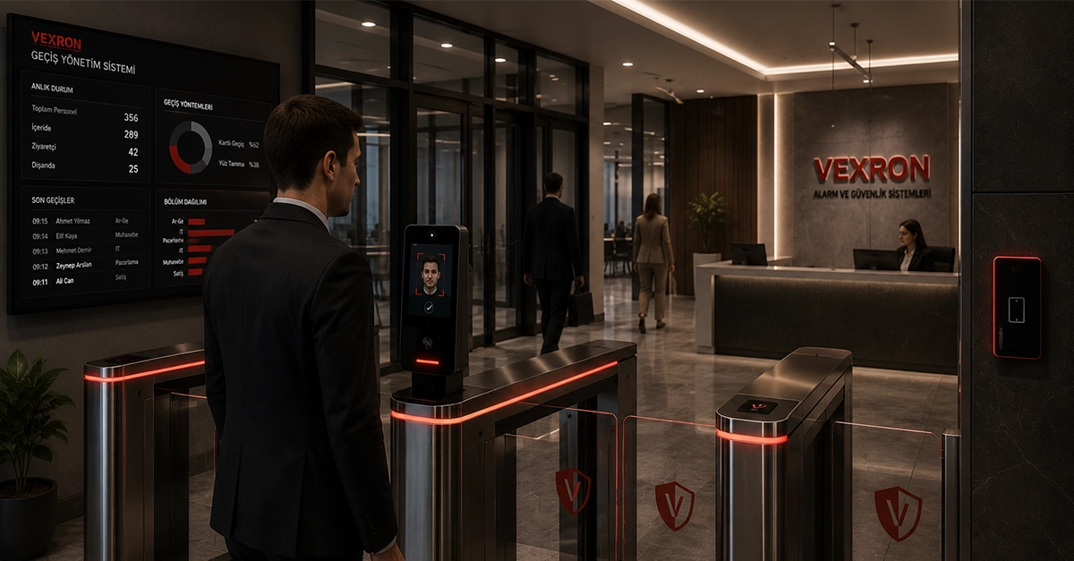 Plaza ve ofis girişlerinde personel takibi için kullanılan yüz tanıma, kartlı geçiş terminali ve akıllı turnike sistemi.