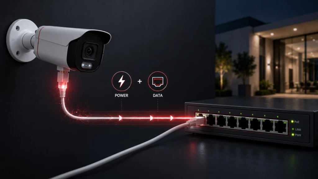 Tek bir ethernet kablosu üzerinden hem güç hem de veri iletimi sağlayan PoE switch ve IP güvenlik kamerası bağlantısı.