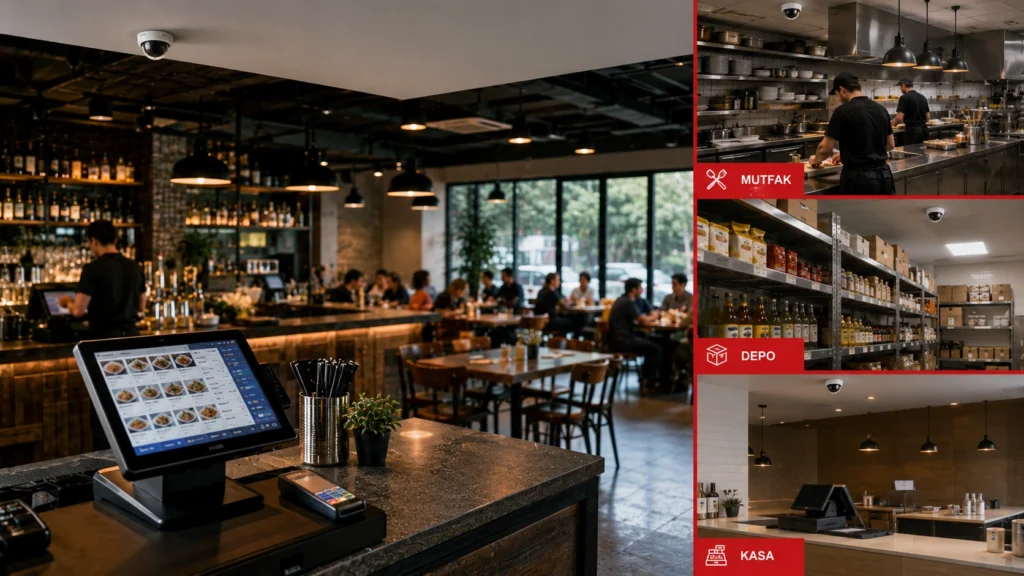 Restoran ve kafelerde kasa noktasını, mutfak hijyen alanını ve malzeme deposunu izleyen güvenlik kameraları.
