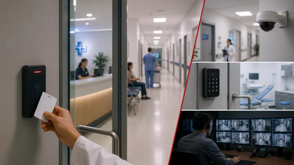 Hastane, laboratuvar ve klinik girişlerinde doktor ve yetkili personel için temassız kartlı ve biyometrik geçiş kontrol sistemi.