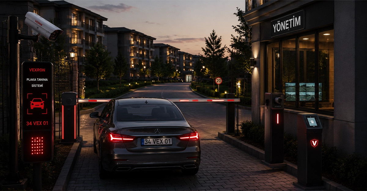 Site girişinde site sakinlerinin araç plakalarını saniyeler içinde okuyarak otomatik açılan entegre plaka tanıma kamerası ve akıllı bariyer geçiş sistemi.