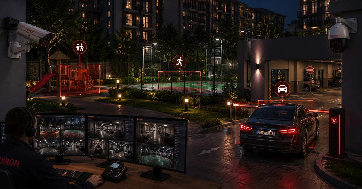 Site çocuk oyun parkları, ortak spor tesisleri ve kapalı otopark alanlarında olağandışı hareketleri 7/24 kesintisiz izleyen akıllı güvenlik kamerası.