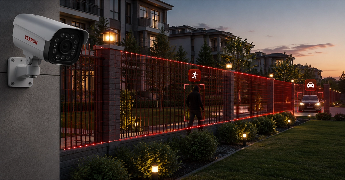 Site çevre çitleri ve peyzaj sınırlarında kedi, köpek veya rüzgar hareketlerini eleyerek insan algılama yapan yapay zeka analizli IP sınır güvenlik kamerası.